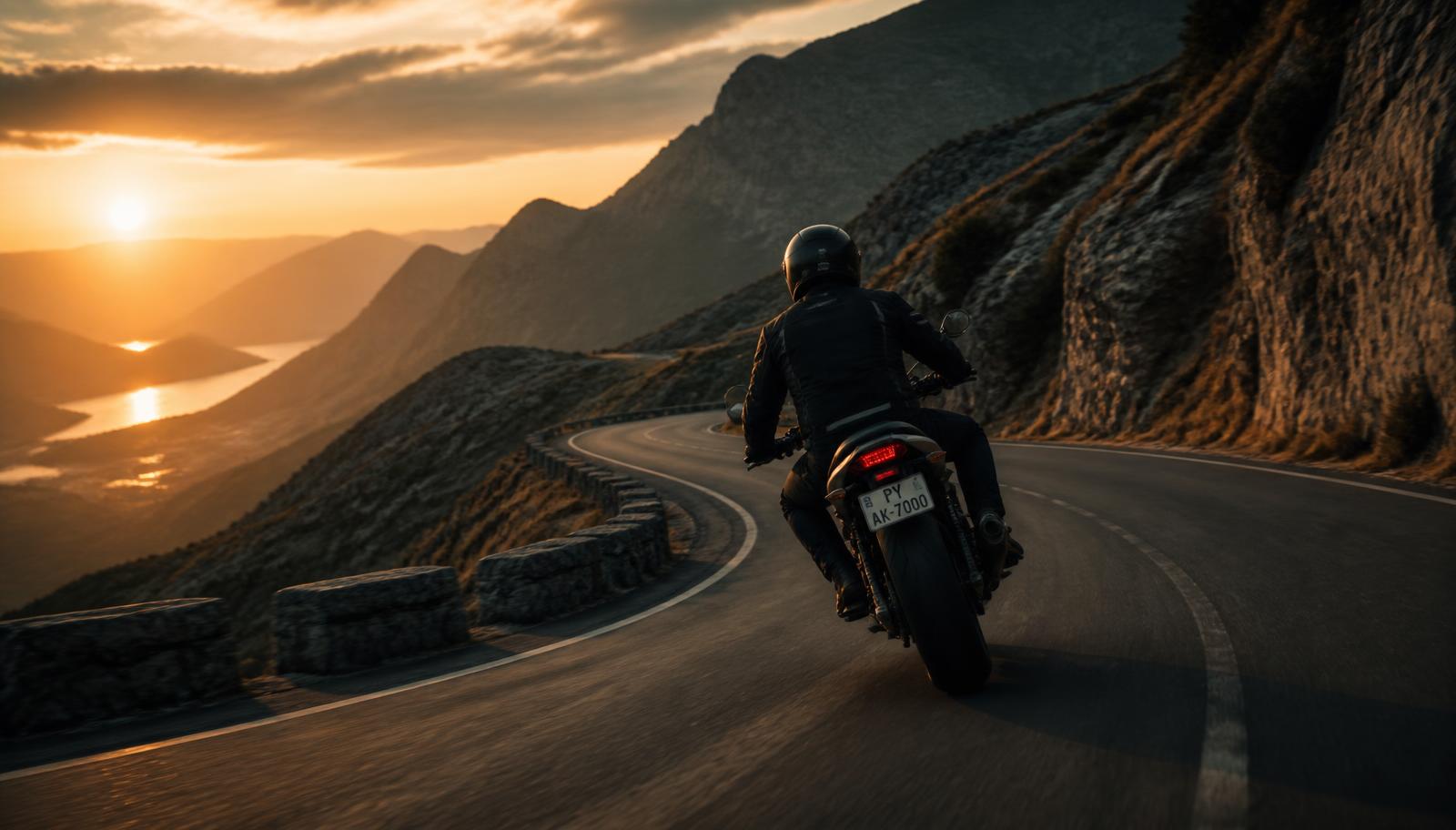 Motard sur une route de montagne au coucher du soleil